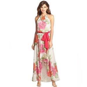 Eliza J Floral halter Maxi Dress Pink, Orange &  Green chiffon high low size 8